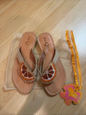 Hand-Beaded Orange Embroidery Thong Sandals — Women